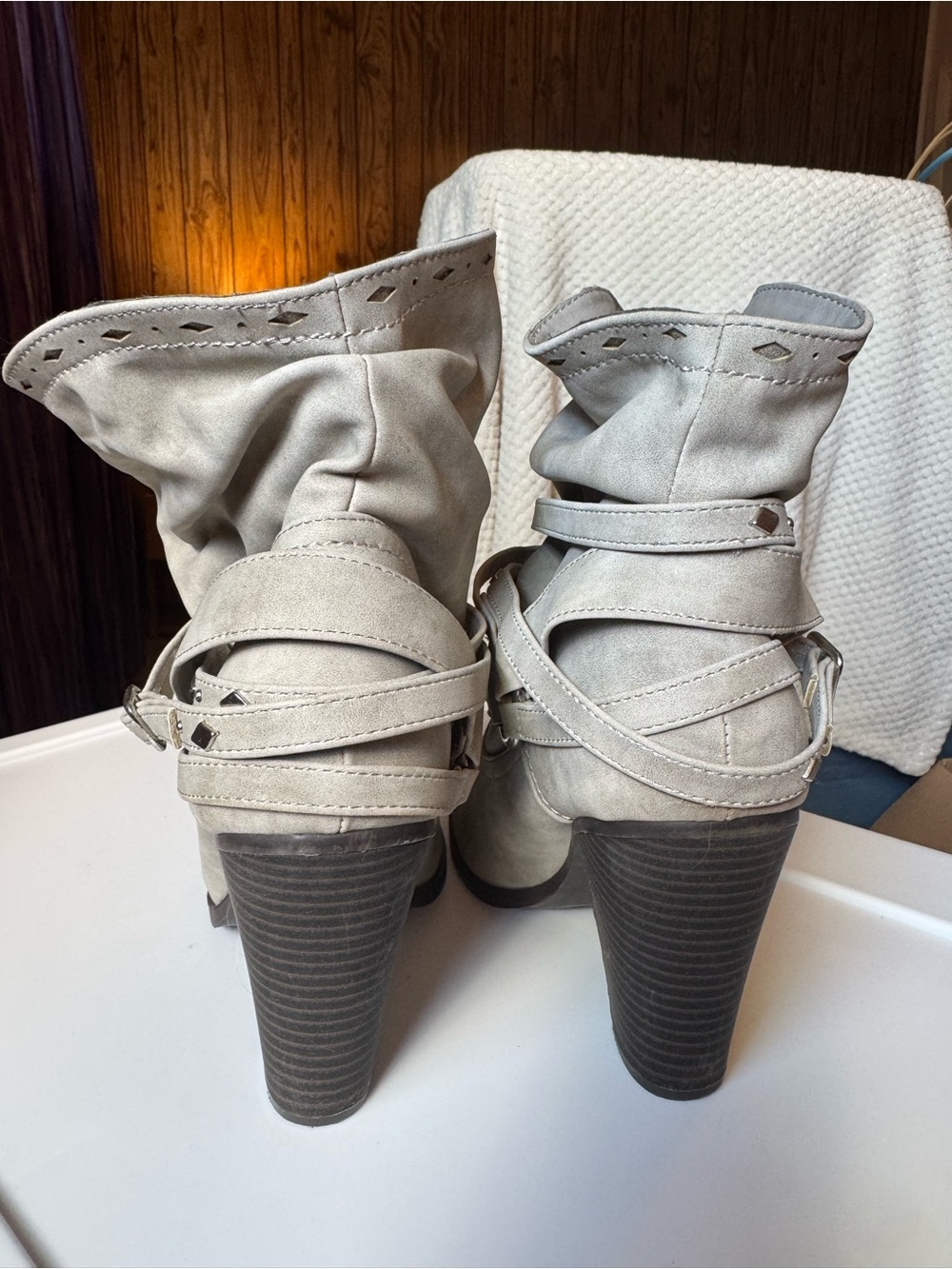 Daisy Fuentes Light Taupe Suede-Style Heeled Ankle Boots - Picture 2 of 5